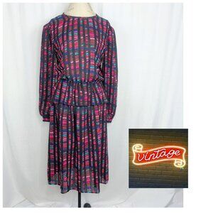 Vintage L Rothschild Peplum Dress Medium Black Pink Striped